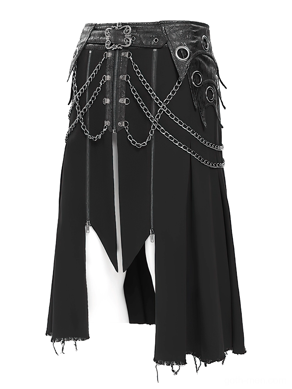 Split front gothic black skirt multiple metal chains decorative buckles hardware details