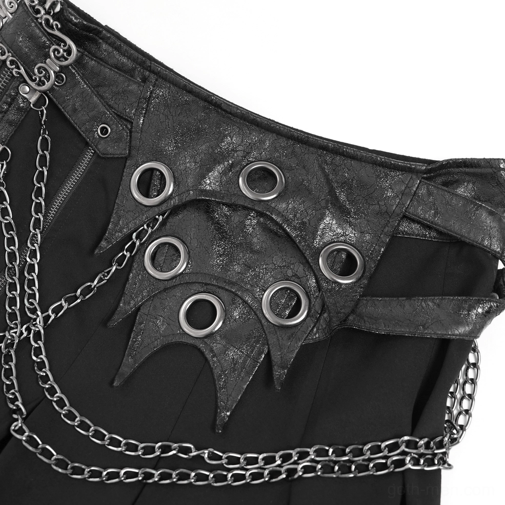 Men's gothic kilt black woven fabric branded tag metal hardware chain elements