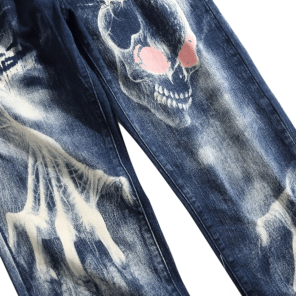 Men's gothic skull jeans available in multiple sizes from XXS to XXL/3XL - size range display