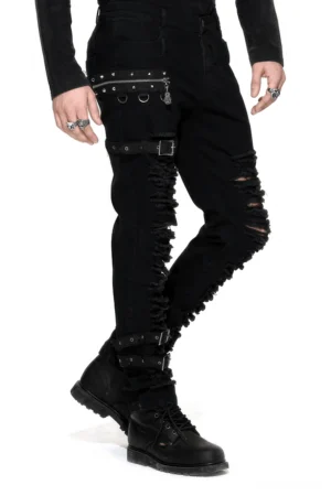 Men's black gothic slim-fit ripped pencil pants with buckle hardware, worn by male model at three-quarter side angle