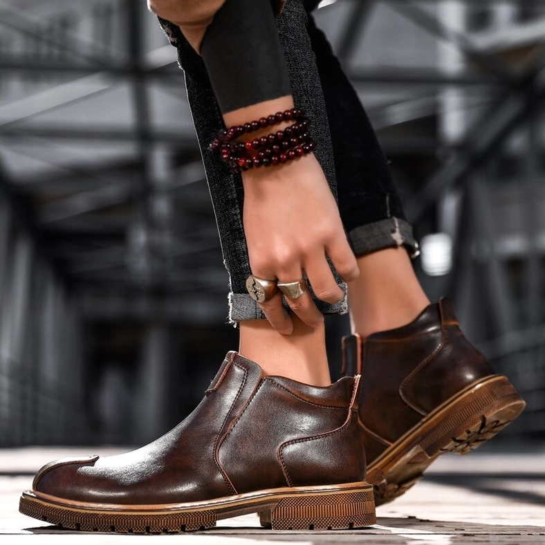 Men's gothic Chelsea ankle boots in premium split leather, alternative fashion boot collection
