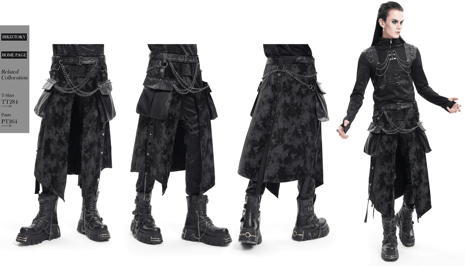 Gothic split skirt alternative fashion styling with band merchandise and tactical aesthetic