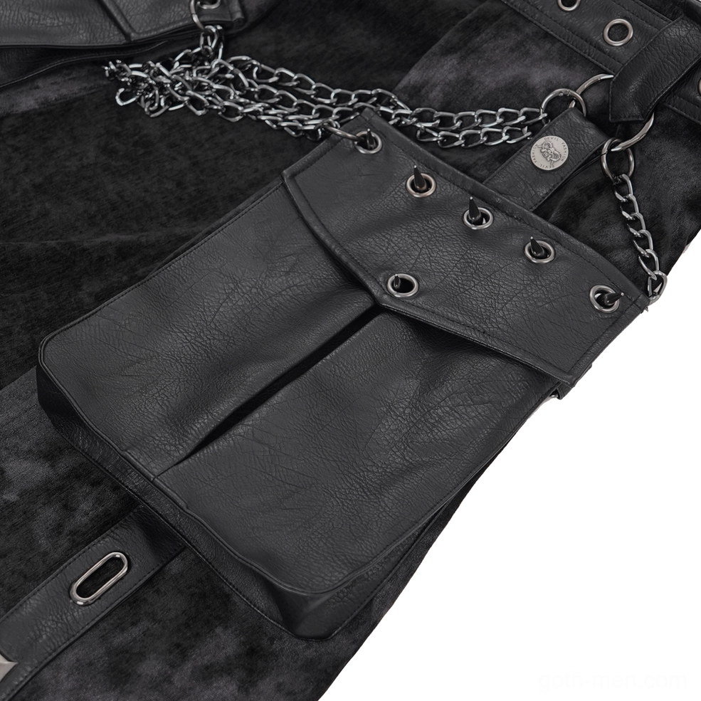 Men's gothic split skirt back view showing chain attachment points and leather pouch construction