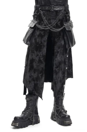 Men's gothic split skirt with detachable chains front view on model wearing platform boots