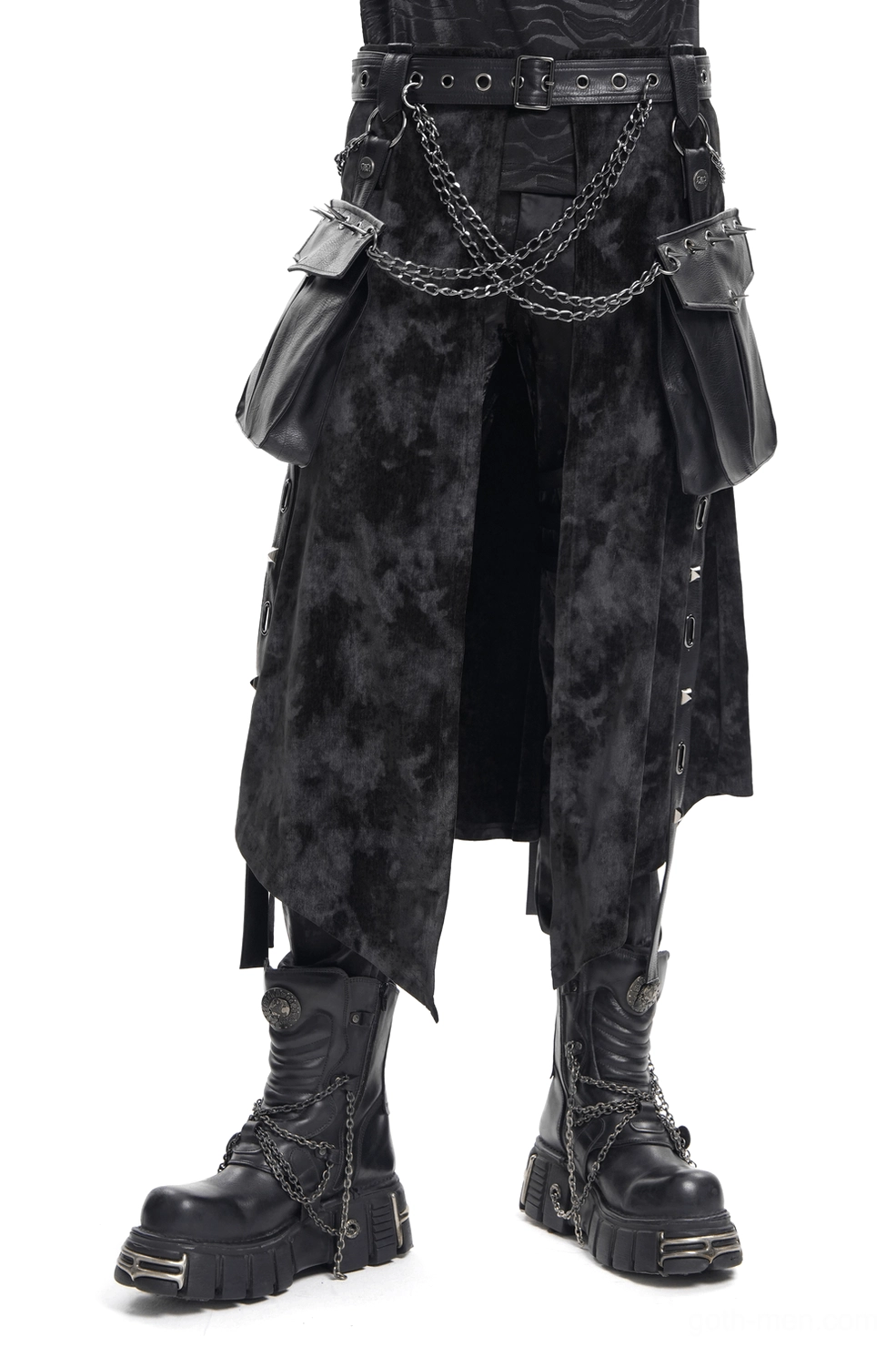 Men's gothic split skirt with detachable chains front view on model wearing platform boots