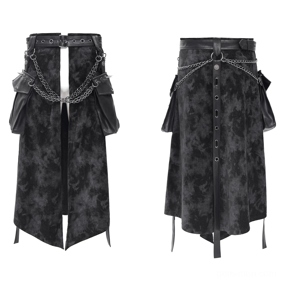 Gothic split skirt flat lay front view showing double metal chains and leather pouches