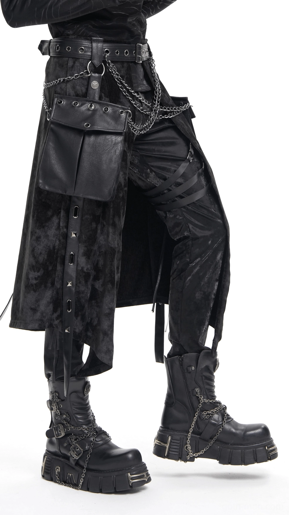 Men's gothic split skirt front and back comparison showing design elements and overall silhouette