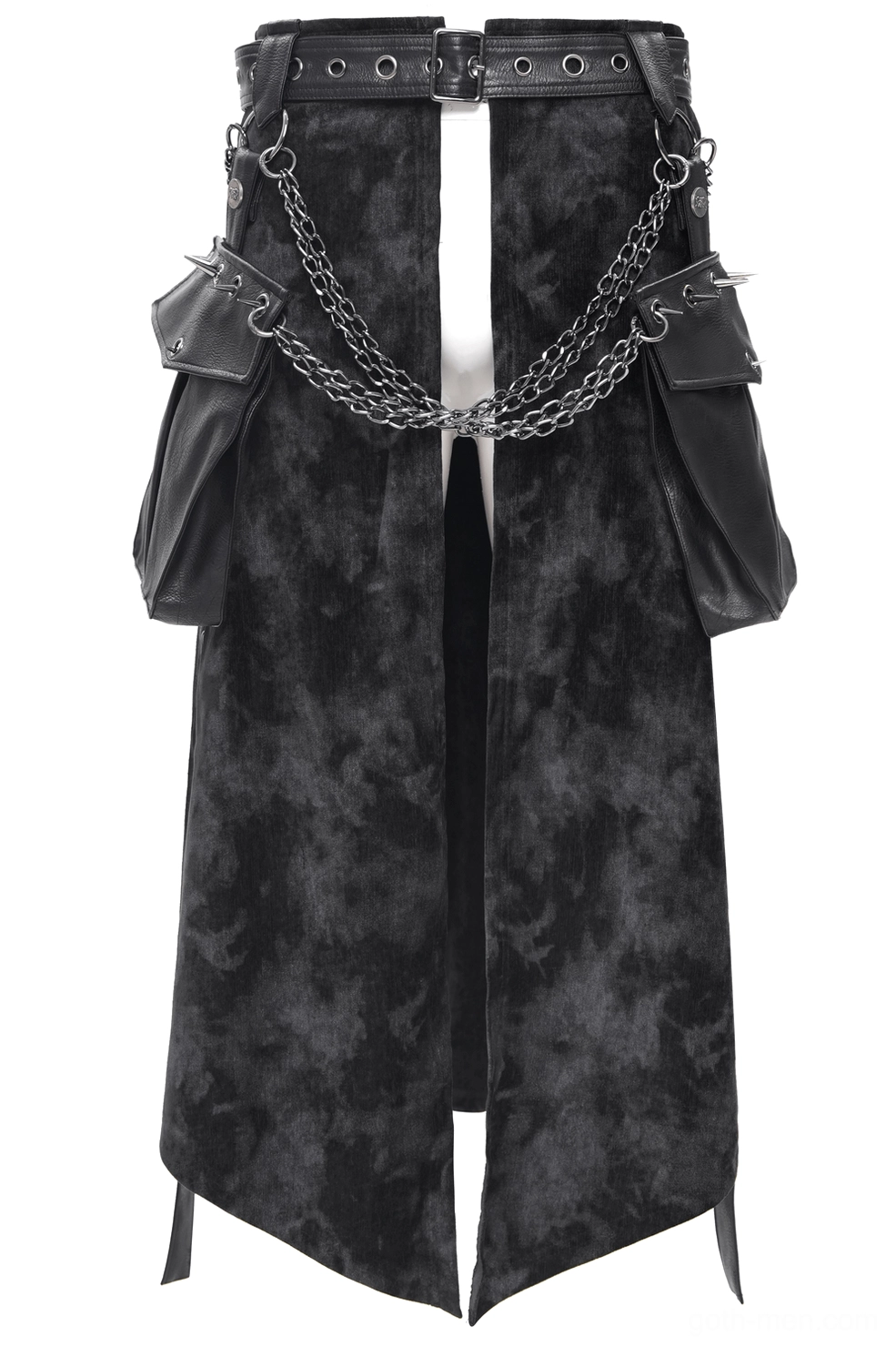 Gothic split skirt front centered product shot asymmetrical hem with grommet belt detail