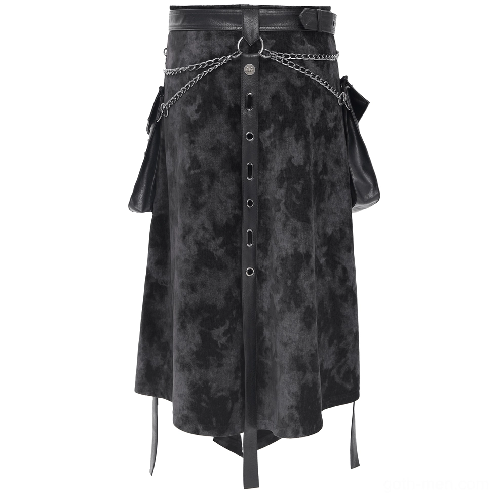 Gothic split skirt front view with grommet straps and hanging metal chain hardware