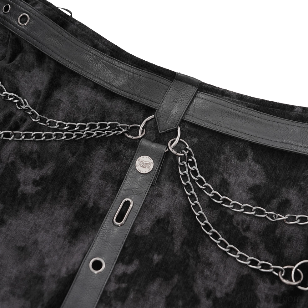 Men's gothic split skirt hem detail showing asymmetrical cut and chain attachment points