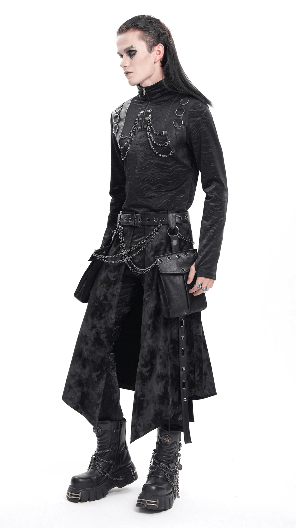 Men's gothic split skirt detailed view of all leather and chain accessories removable elements