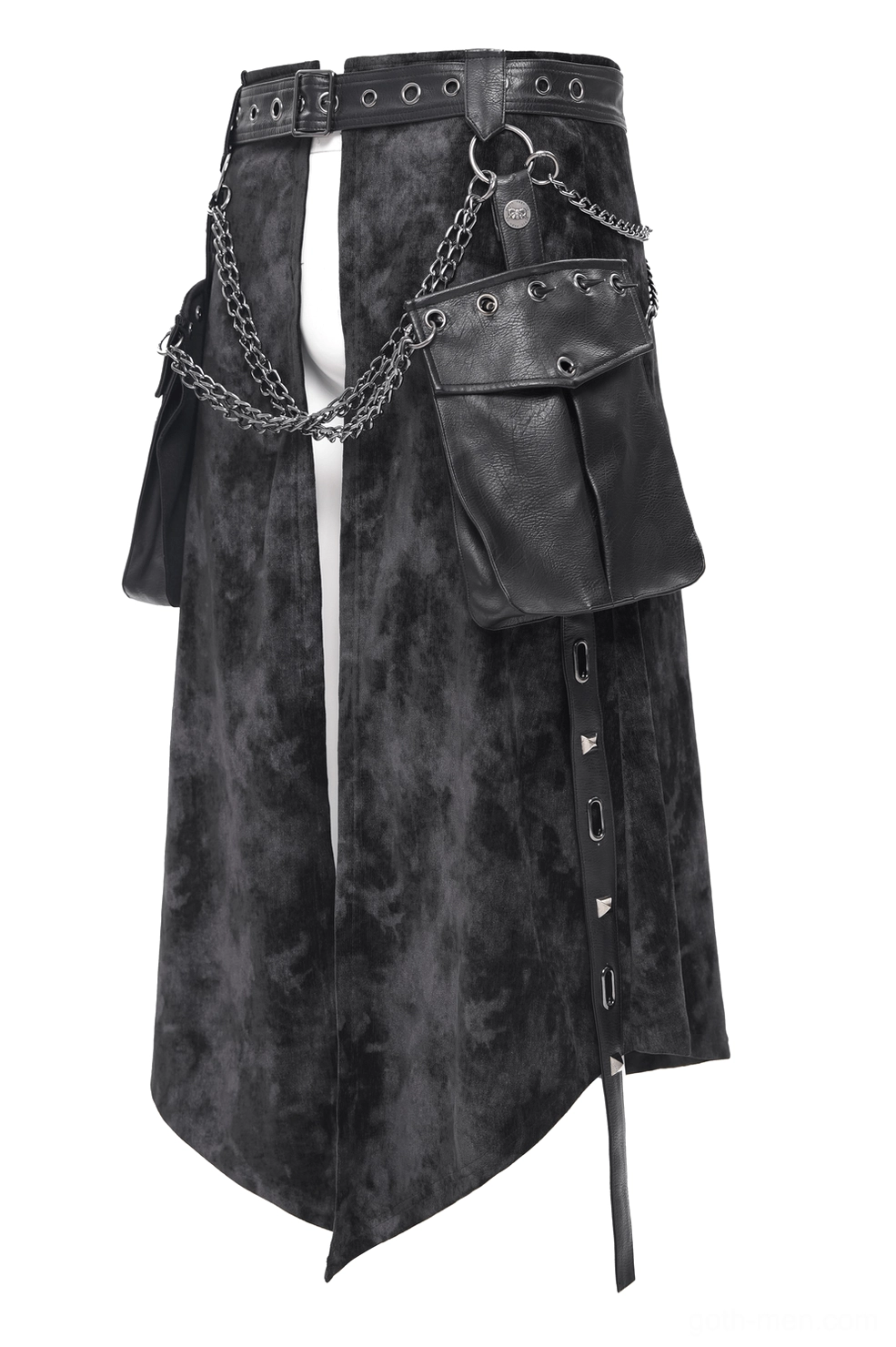 Men's gothic split skirt side product view showing grommet trim chain and leather pouch details