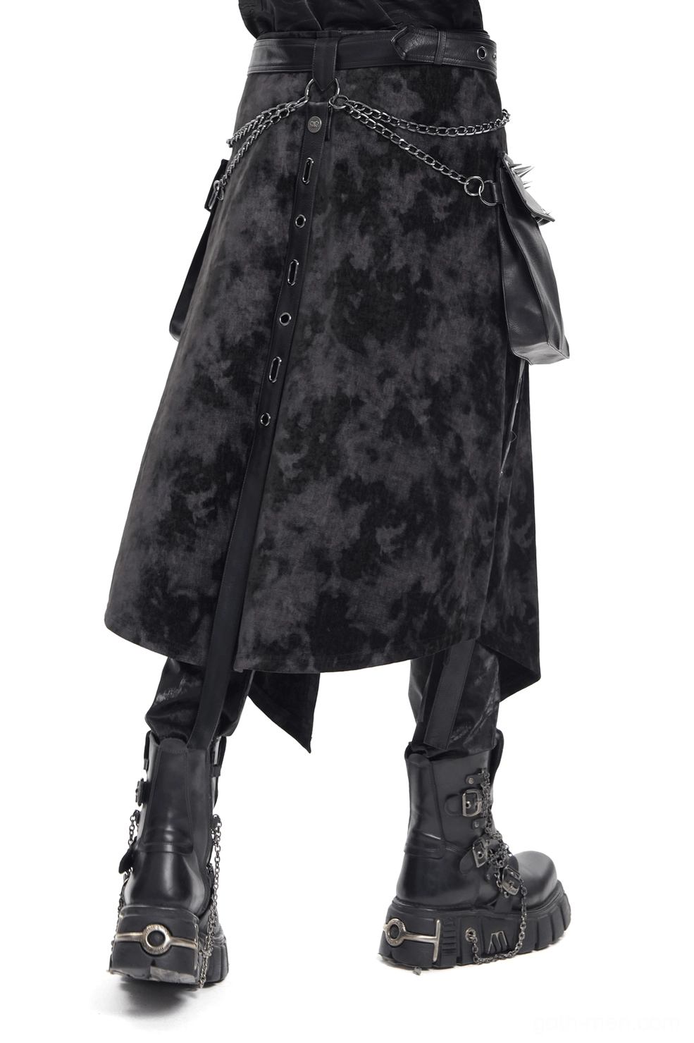 Gothic punk tactical skirt side profile with asymmetrical hem and cross chains on model