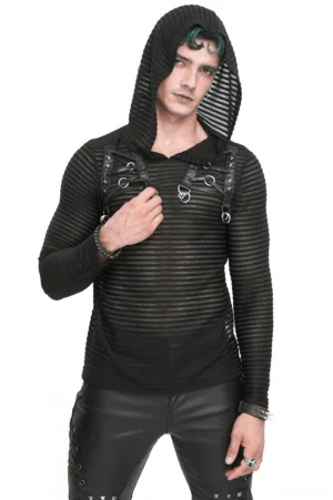 Men's gothic striped hoodie with chest lace-up harness and cowl neck, front three-quarter view on male model
