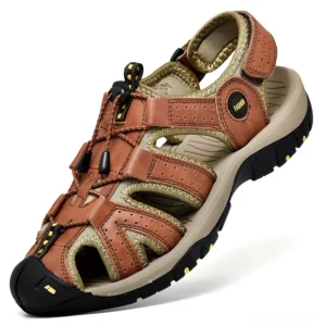Men's dark aesthetic brown suede leather ankle strap sandals, showcasing rich texture and hook-loop closure system