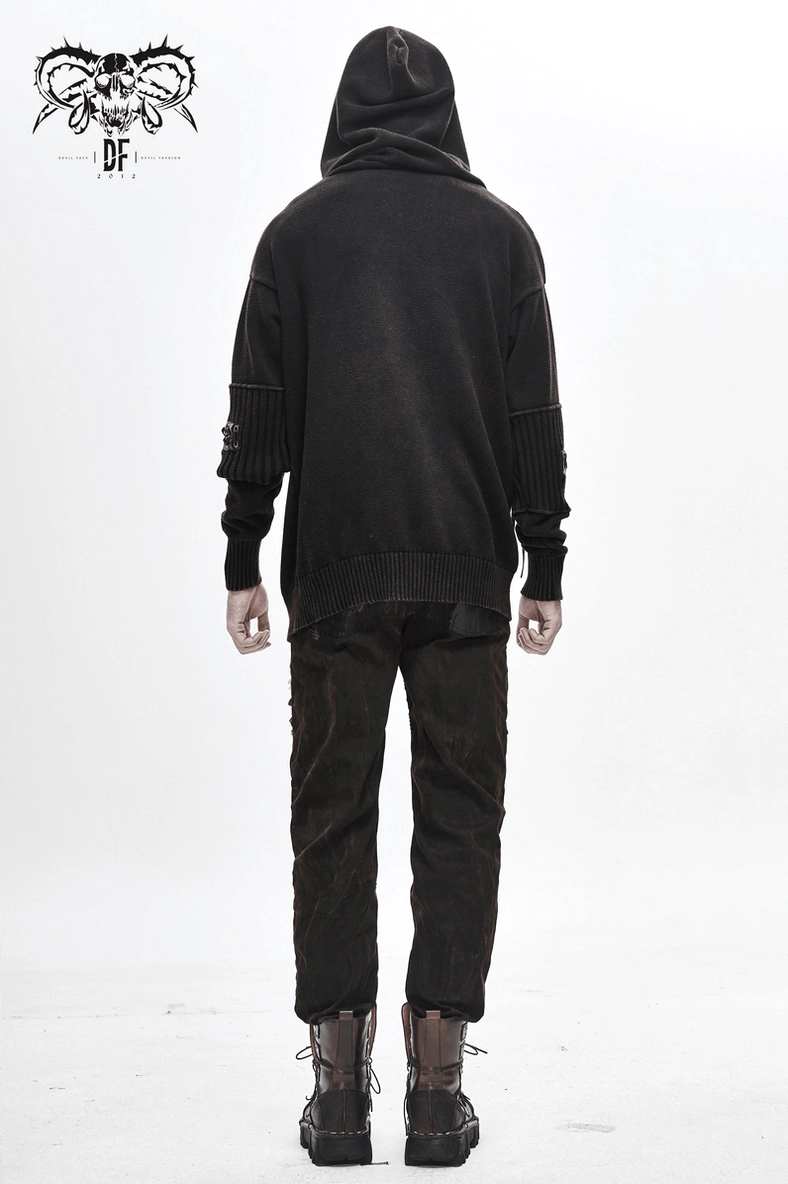 Back view of black gothic hooded sweater highlighting lace-up sleeve construction and thick knit fabric quality