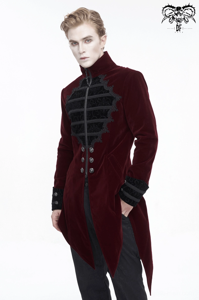 Men's wine red gothic tail coat size comparison or detail shot of fabric texture and embroidery work