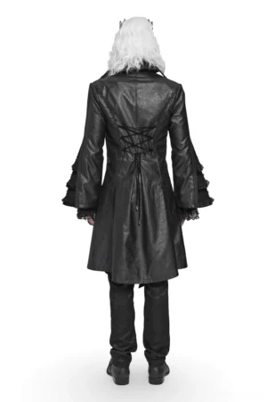 Full back view of gothic tailcoat showing back corset lacing, fitted silhouette and long coat length on male model with white hair against white studio background