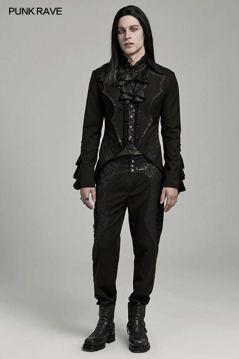 Black Victorian gothic tailcoat full-length front display on male model with long hair, dramatic silhouette