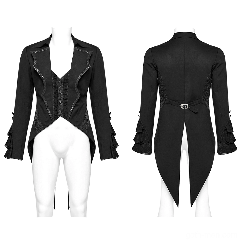 Men's Victorian gothic tailcoat on dress form mannequin, front view showcasing deep V placket and lace-trimmed bat collar