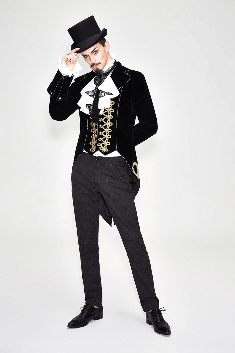 Model wearing black velvet tailcoat demonstrating fit and silhouette with theatrical styling