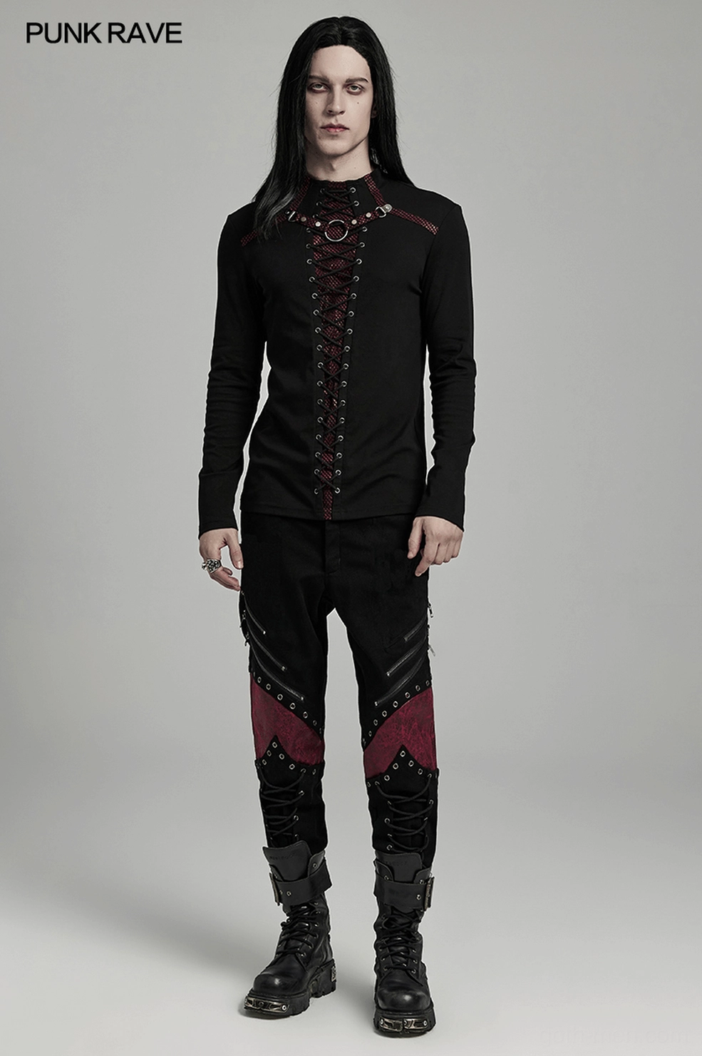 Men's gothic lace-up long sleeve top detailed product shot emphasizing craftsmanship of mesh detail, metal accents, and gothic aesthetic