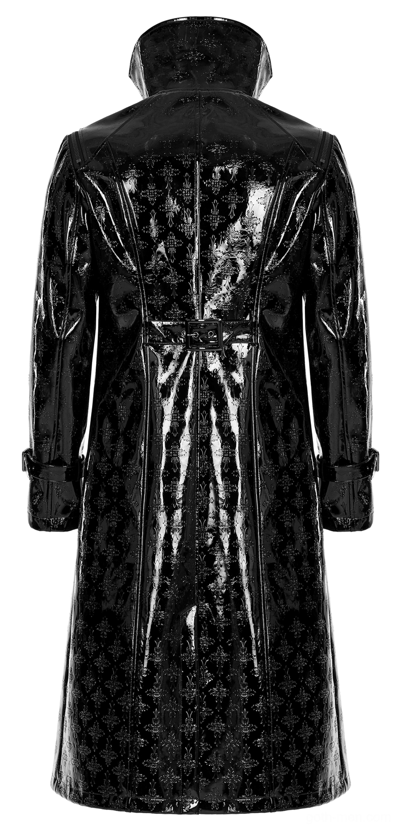 Close-up detail of gothic trench coat back embossed cross patterns, patent leather texture, and belt buckle hardware
