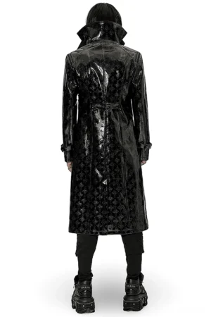 Black gothic patent leather trench coat back view displaying embossed cross patterns and waist belt with buckle detail
