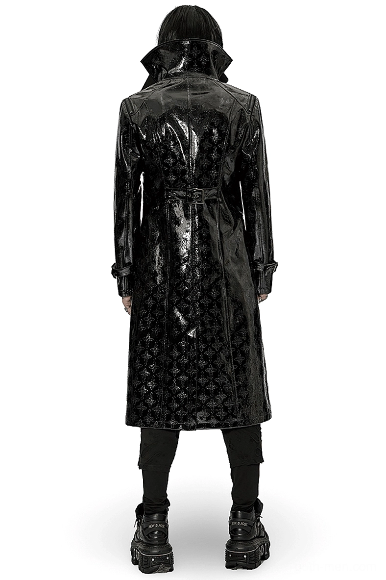 Black gothic patent leather trench coat back view displaying embossed cross patterns and waist belt with buckle detail