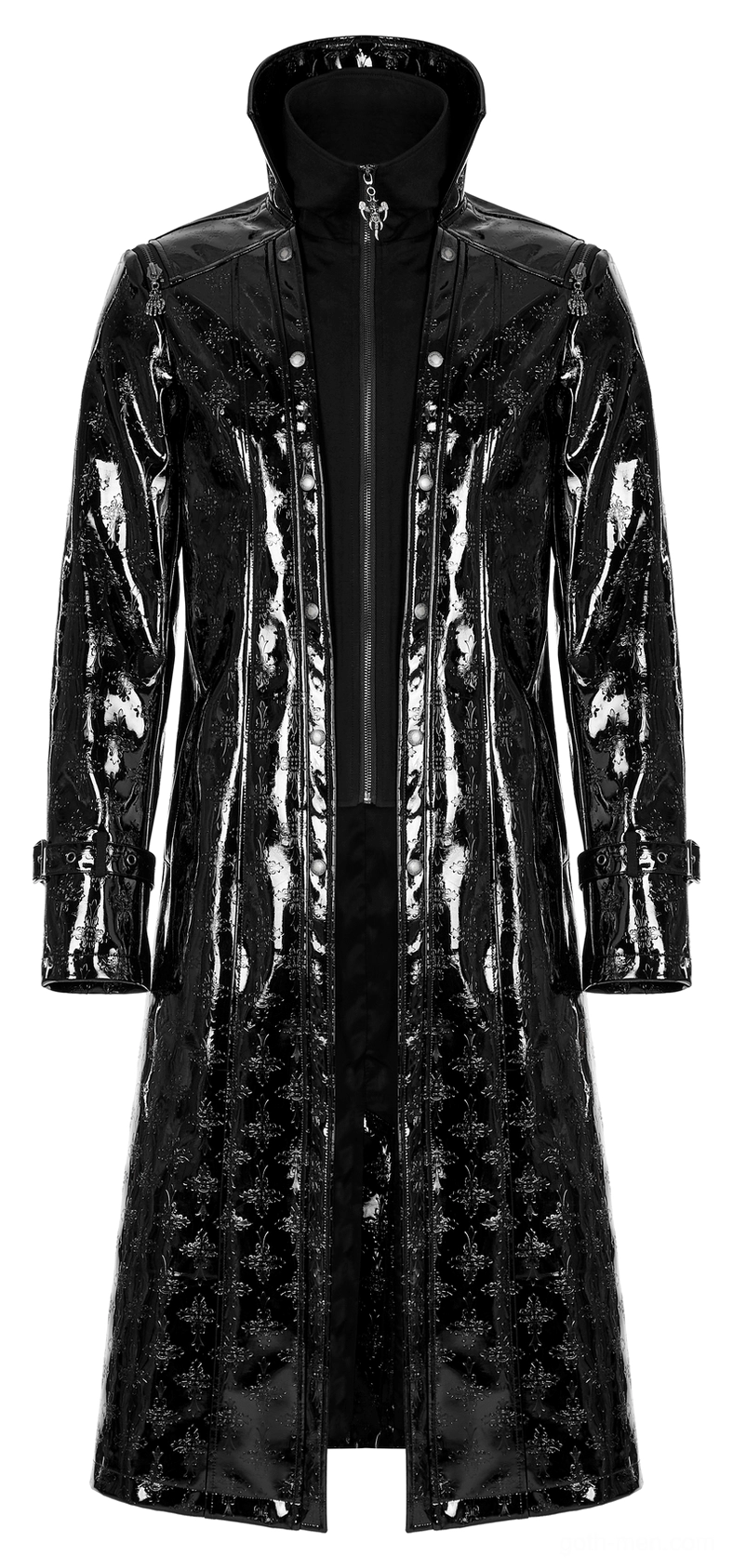 Gothic trench coat back flat lay showing embossed cross texture, waist belt with buckle, and patent leather construction