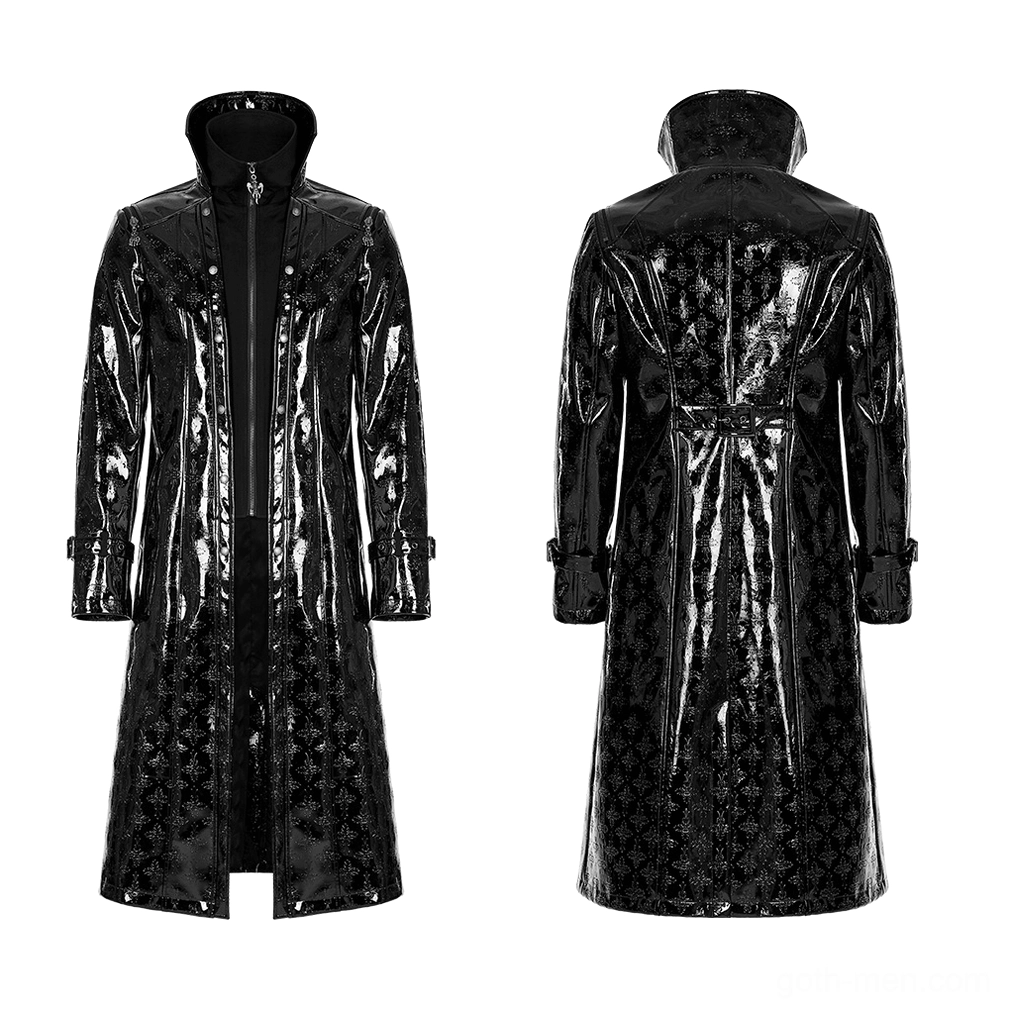 Black patent leather gothic trench coat flat lay front view showcasing high stand collar, metal zipper, and fitted tailoring