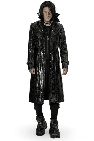 Men's black patent leather gothic trench coat with embossed cross details, front full-body view on male model showcasing stand collar and fitted silhouette