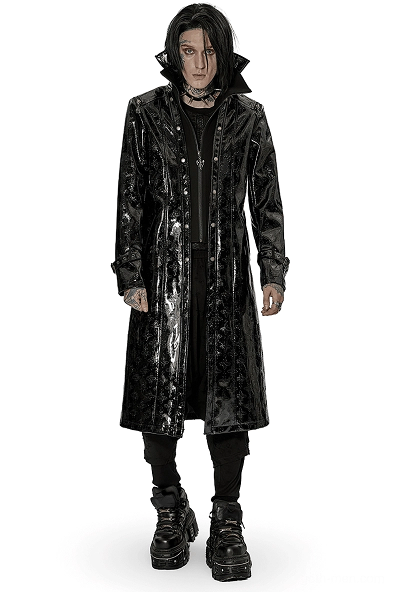 Men's black patent leather gothic trench coat with embossed cross details, front full-body view on male model showcasing stand collar and fitted silhouette