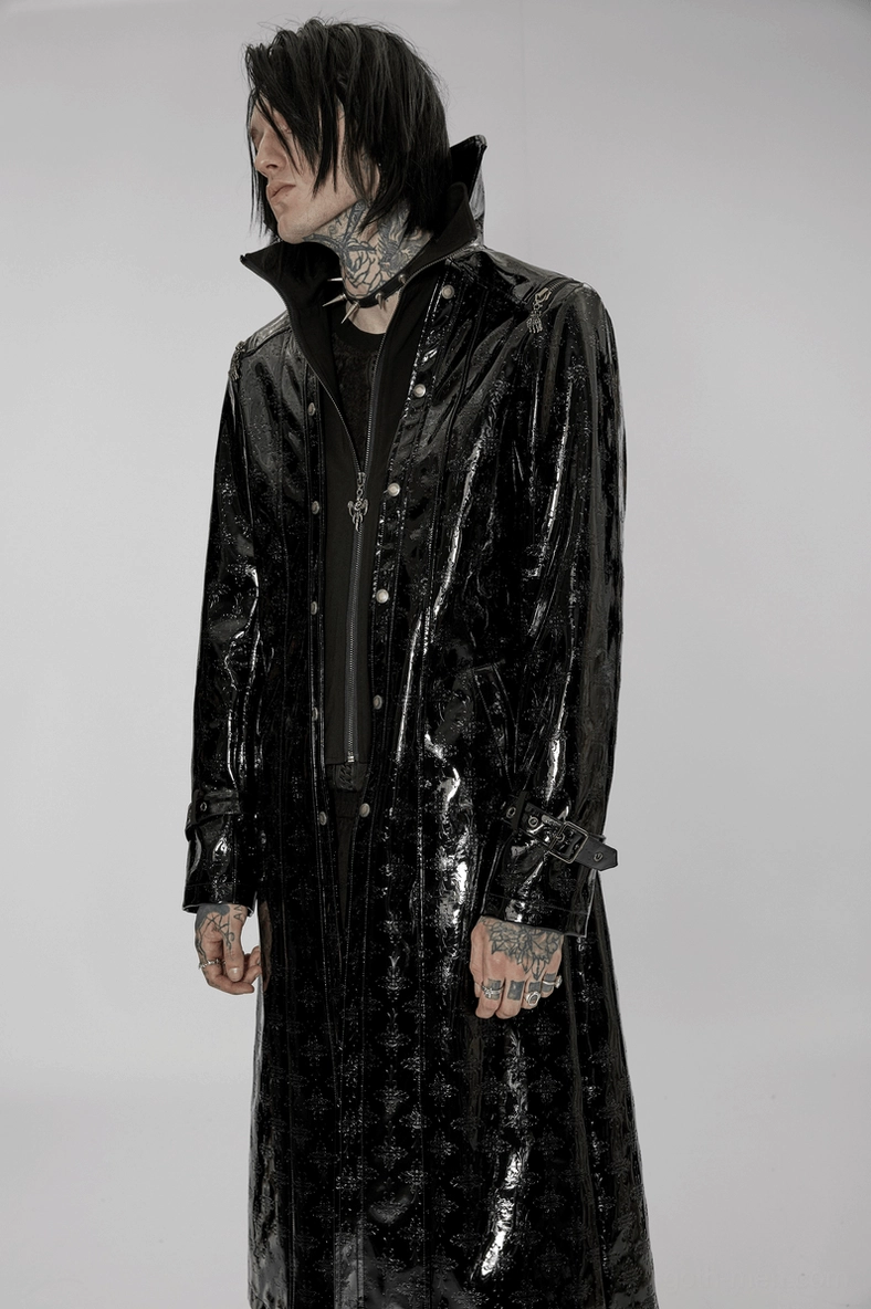 Men's gothic trench coat with embossed cross patterns in glossy patent leather, full body showcase