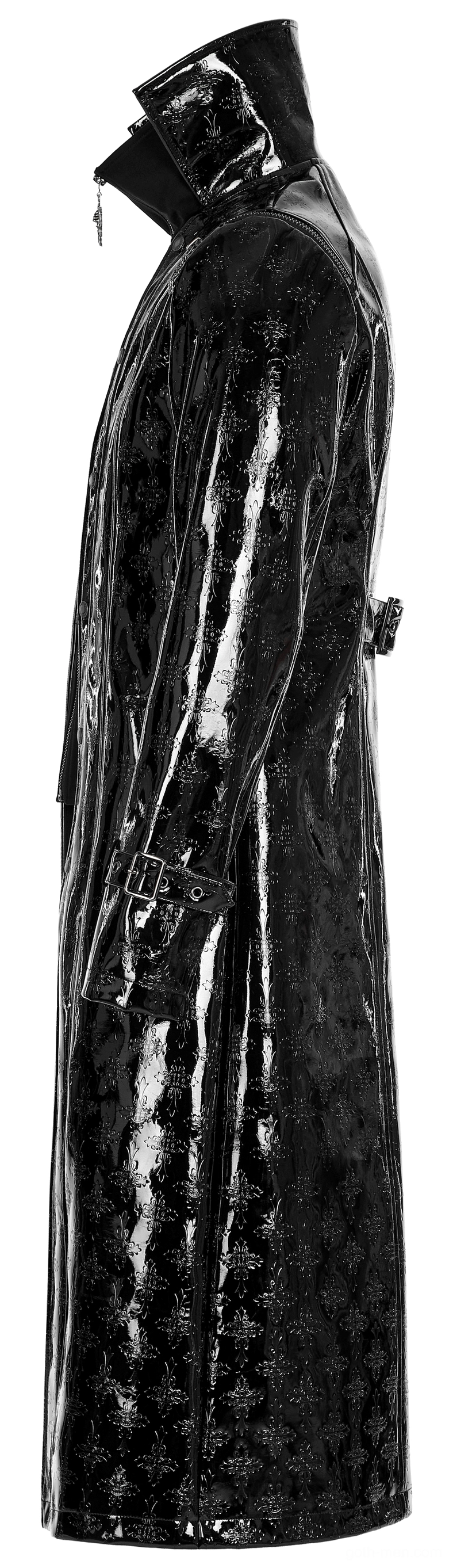 Black patent leather gothic trench coat side profile view displaying high stand collar, cuff adjustment straps, and tailored fit