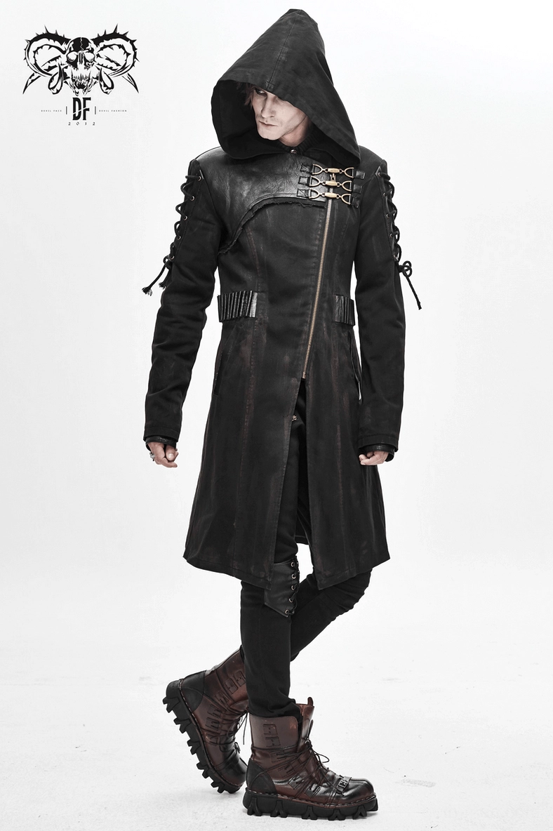Men's gothic trench coat showing side profile with hood lace-up sleeve details and distressed black finish