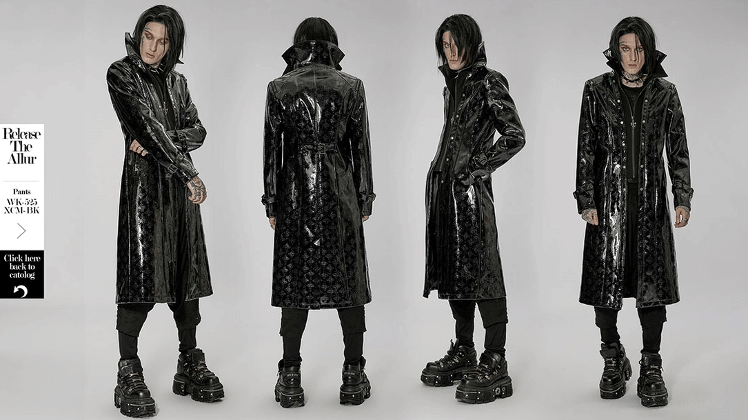 Men's black patent leather gothic trench coat waist area with belt buckle and embossed cross pattern detail