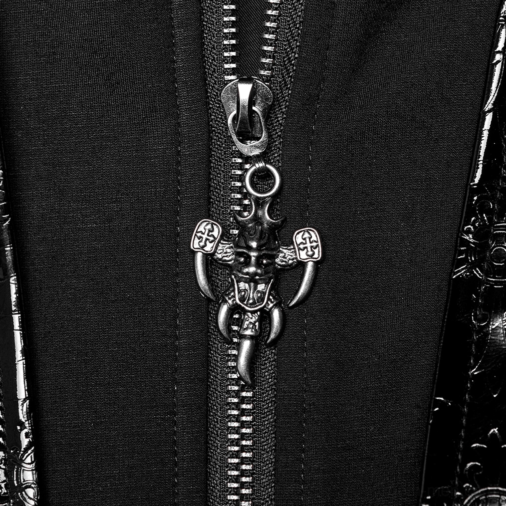 Gothic metal zipper pull with cross ornament and black fabric trim on patent leather trench coat