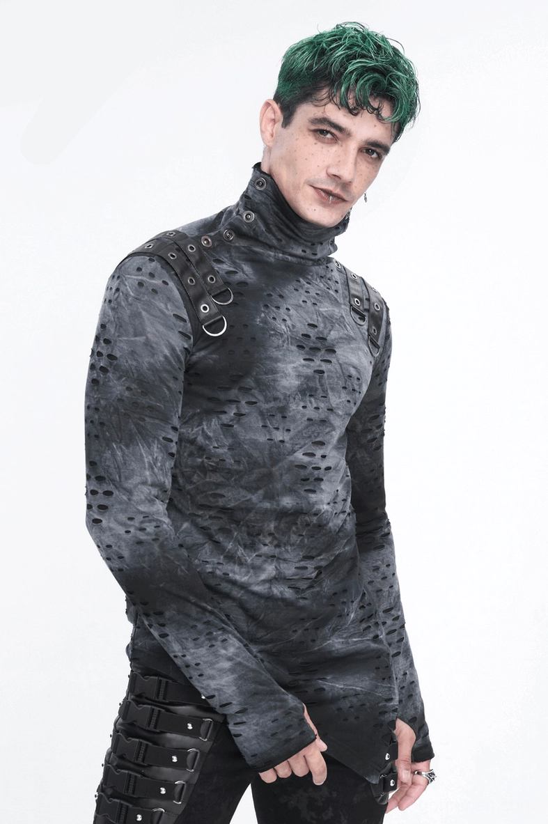 Men's gothic asymmetrical turtleneck side profile, fitted silhouette, buckle straps, industrial aesthetic showcase