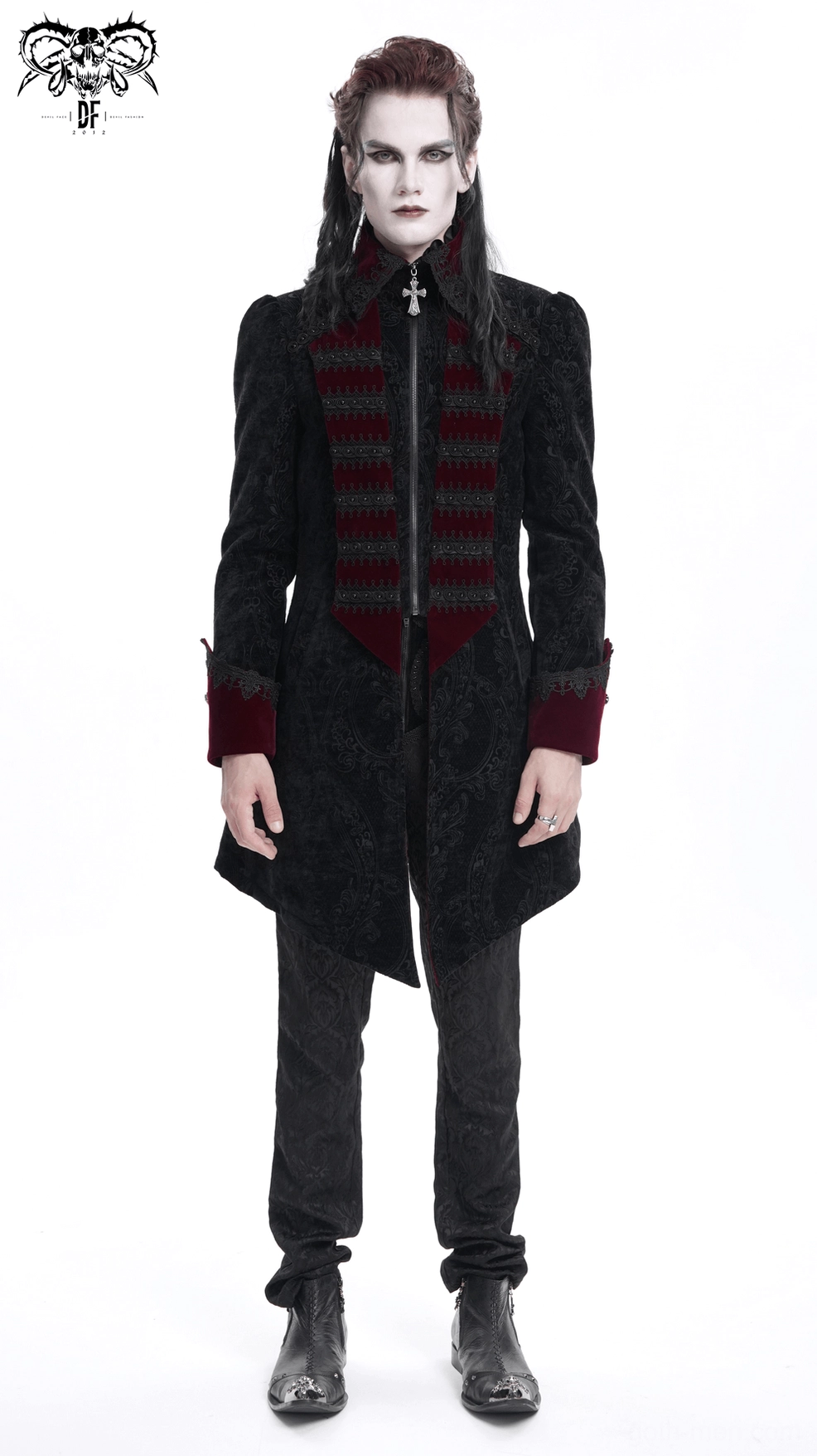 Men's gothic velvet tailcoat product shot - complete overview of black wine red jacket with ornate details