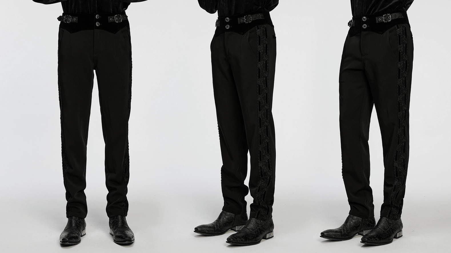 Men's gothic velvet and lace tailored trousers - styling detail and drape