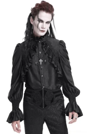 Men's black Victorian gothic ruffle shirt with high lace collar and decorative cross pendant, front full body view
