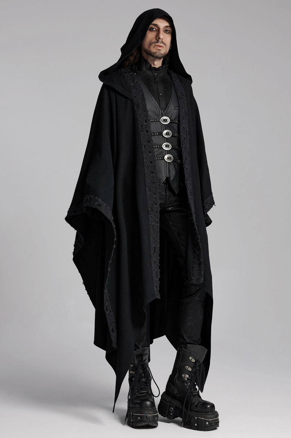 Alternative fashion men's gothic waistcoat with metal buckles and pebbled leather texture