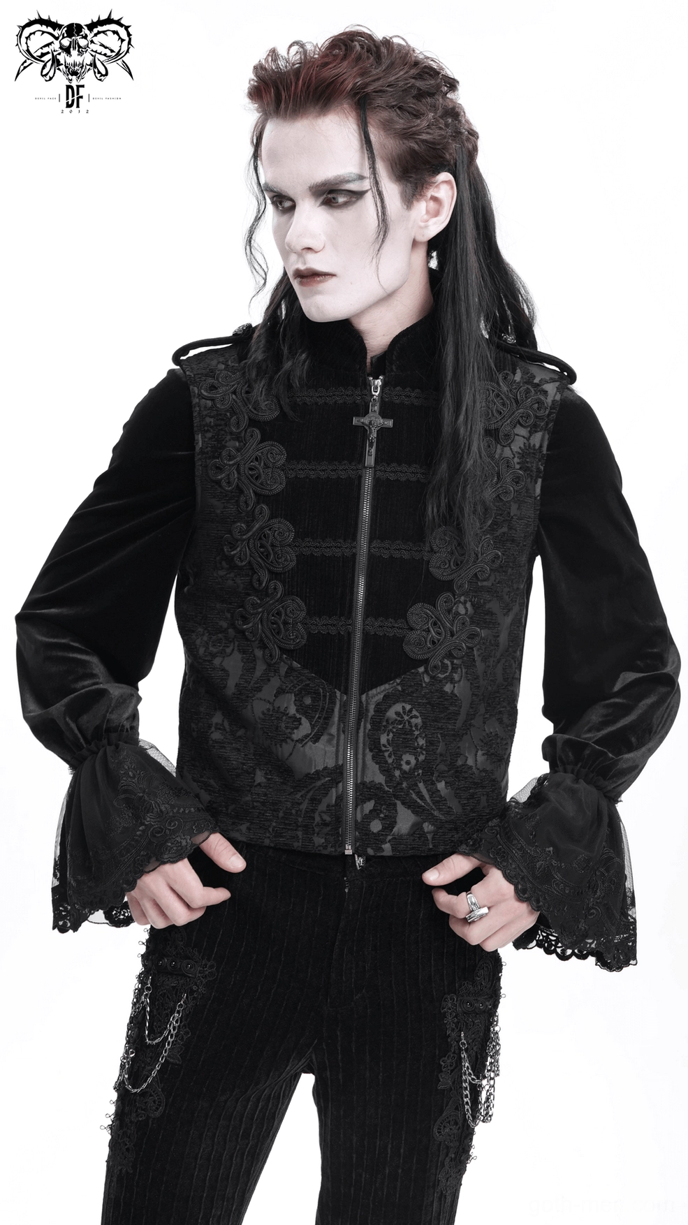 Men's gothic waistcoat front panel embroidered design and velvet finish detail