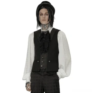 Men's gothic lace-trimmed V-neck waistcoat worn with Victorian collar shirt and top hat, front full-body studio shot