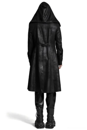 Men's hooded gothic wizard coat back view showing metal waist buckle and split hem detail