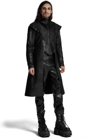 Men's black cracked leather gothic wizard coat front view worn by model with long hair
