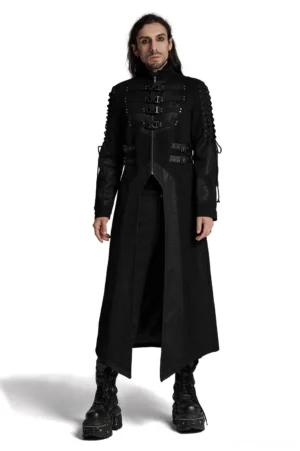 Men's black gothic x-buckle trench coat with mesh accents front full body view on model