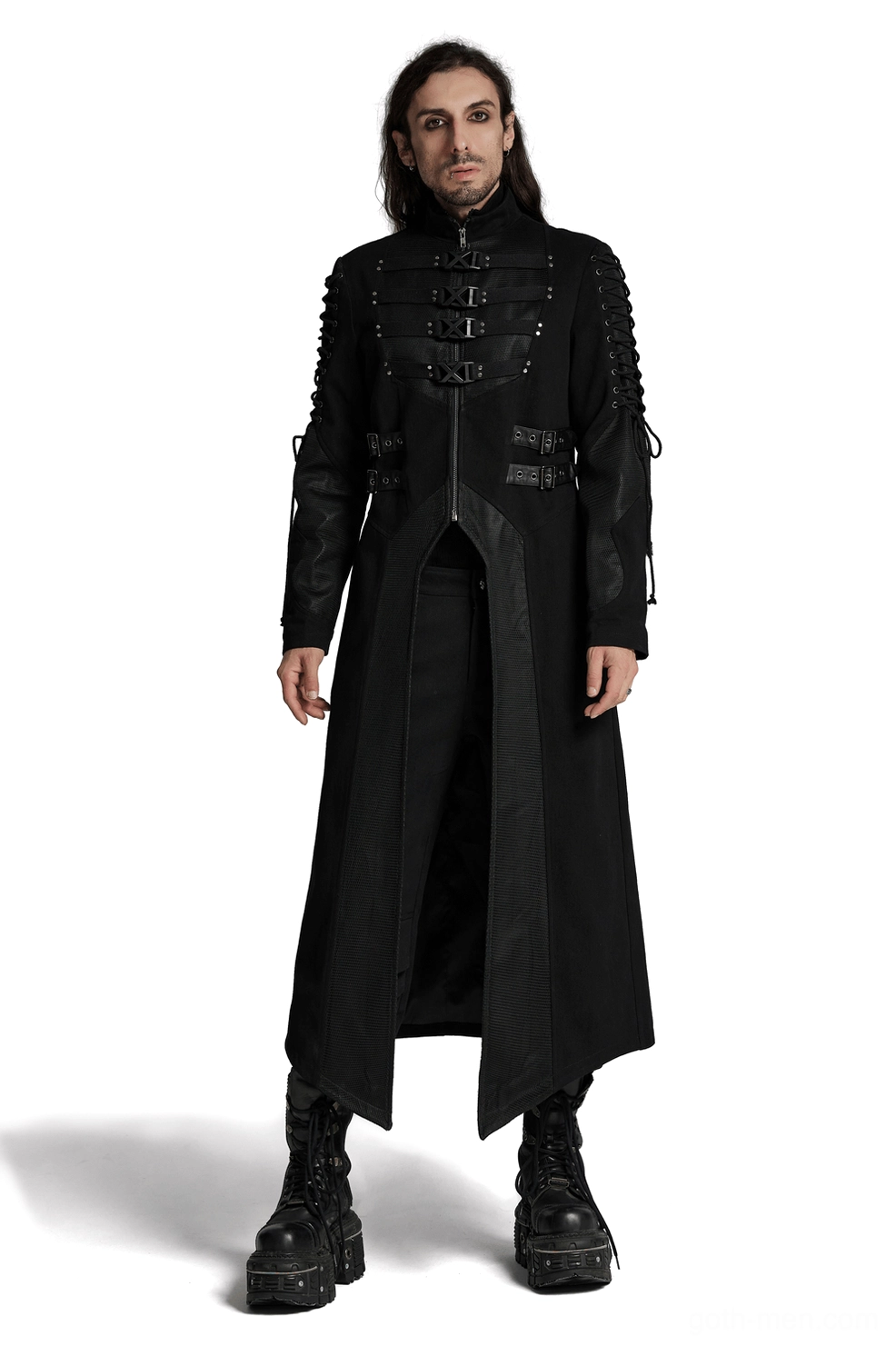 Men's black gothic x-buckle trench coat with mesh accents front full body view on model