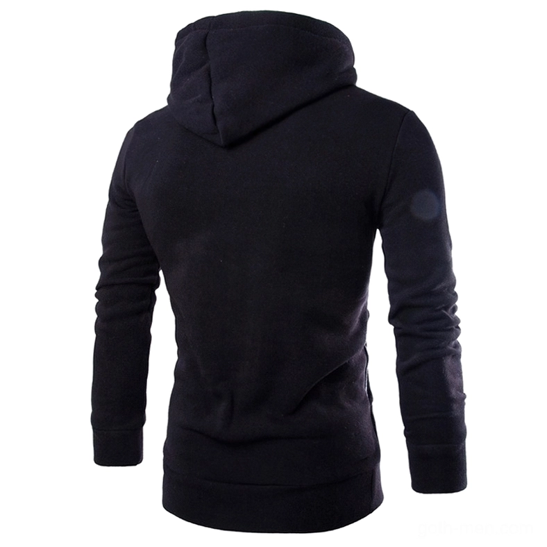 Black gothic hoodie back view showing attached hood and simple rear design